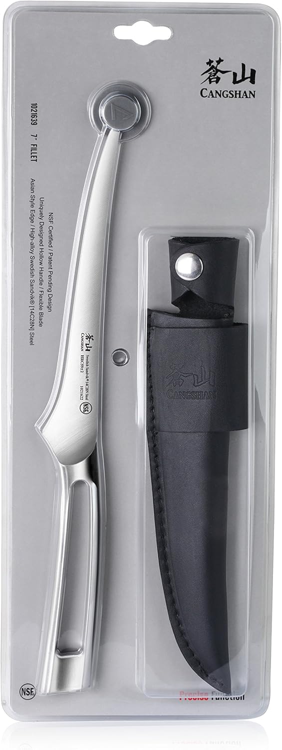 Cangshan TN1 Series 1021639 Swedish 14C28N Steel Forged 7-Inch Fillet Knife and Leather Sheath Set