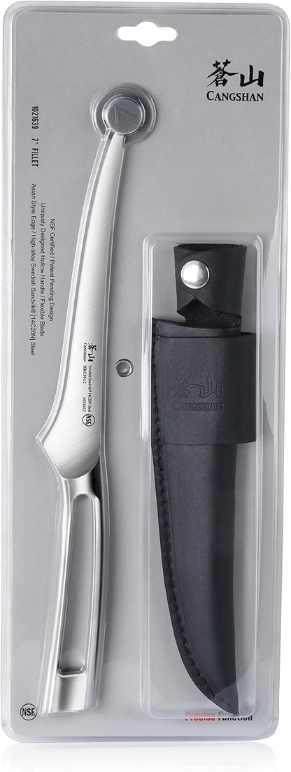 Cangshan TN1 Series 1021639 Swedish 14C28N Steel Forged 7-Inch Fillet Knife and Leather Sheath Set