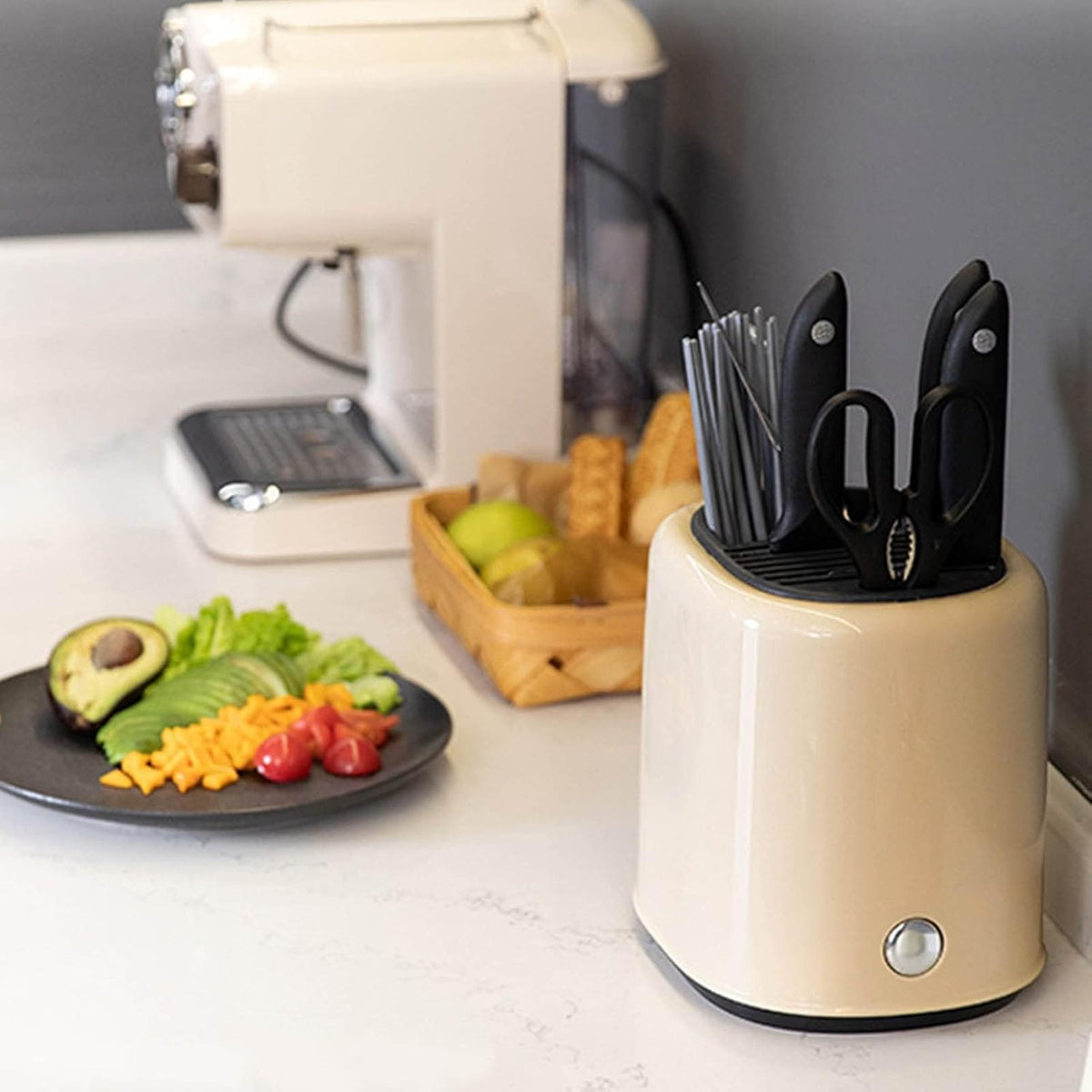 Utensil Holder, Knife Block Holder Knife Holder and Utensil Holder Kitchen Utensils Organizer Modern Round Knife Holder(Cream)