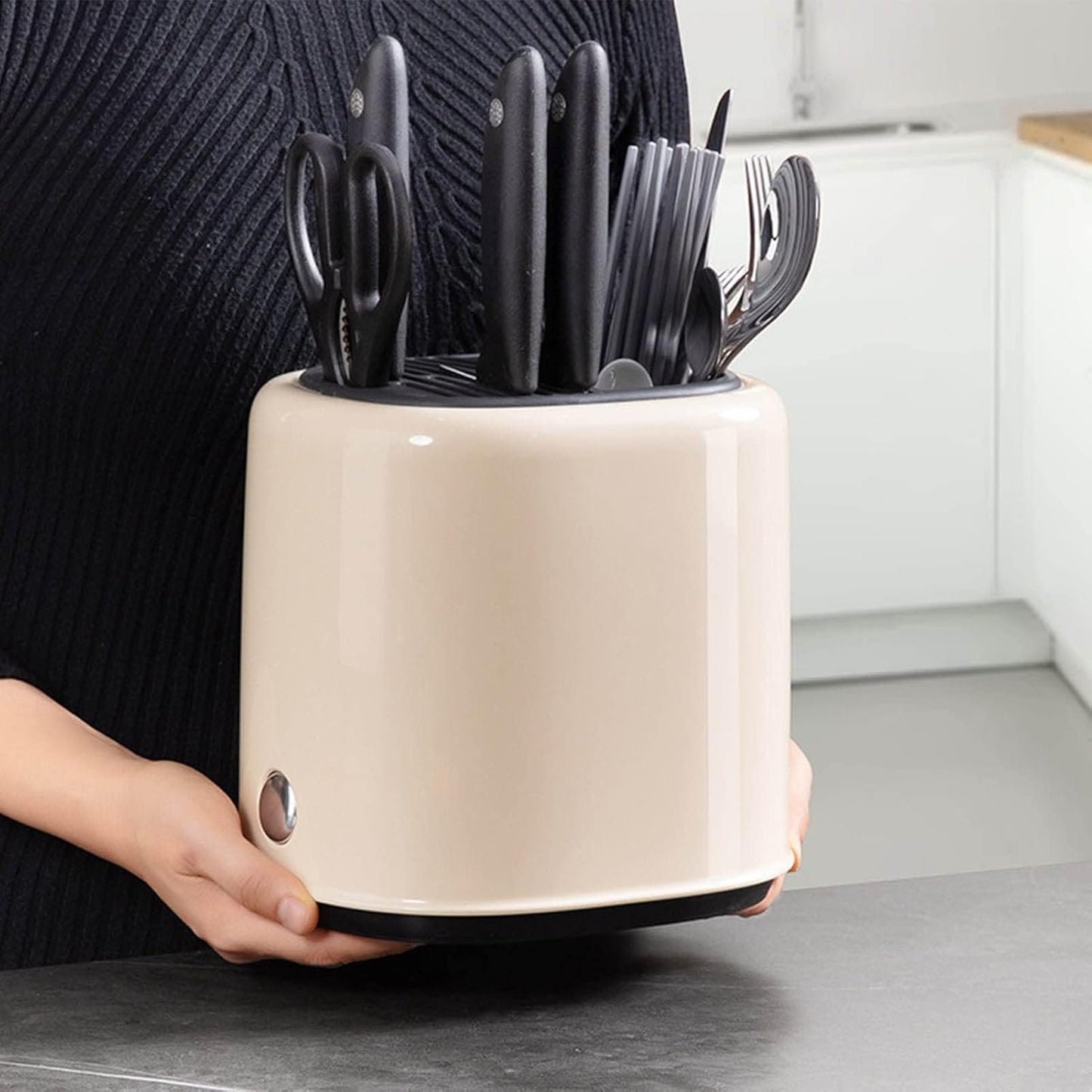 Utensil Holder, Knife Block Holder Knife Holder and Utensil Holder Kitchen Utensils Organizer Modern Round Knife Holder(Cream)