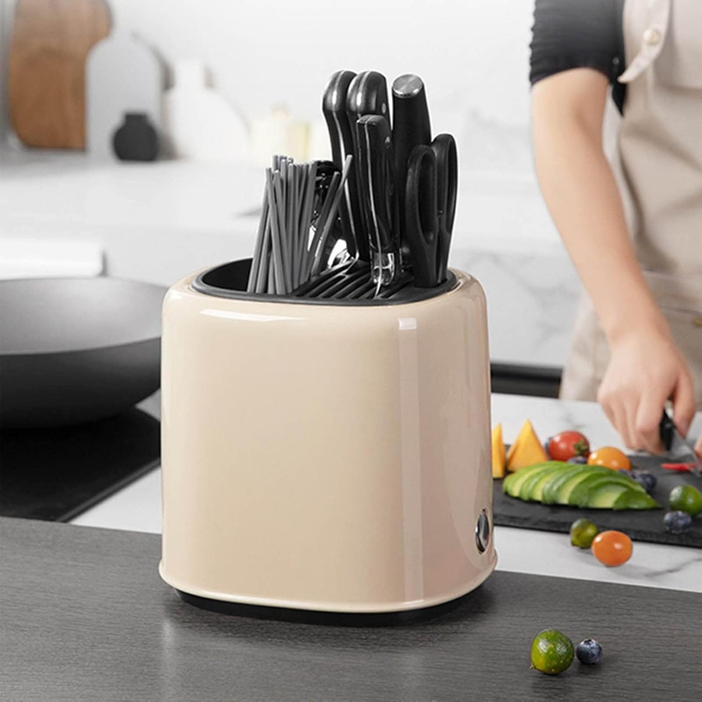 Utensil Holder, Knife Block Holder Knife Holder and Utensil Holder Kitchen Utensils Organizer Modern Round Knife Holder(Cream)