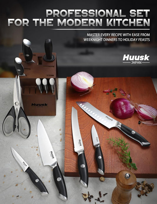 Huusk Kitchen Knife Block Set - Chef Knife Set with Acacia Block Black 14PC | Japanese Stainless Steel, Long-Lasting Edge, Full Tang Ergonomic, All-in-One for Daily Cooking, Elegant Wedding Gift