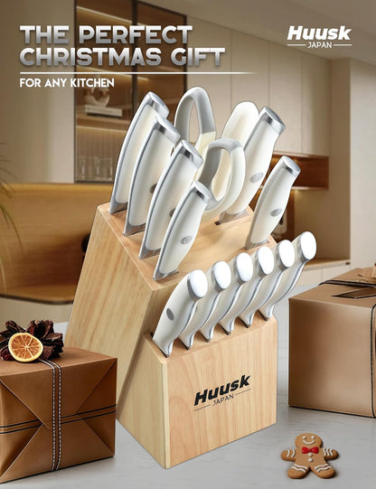 Huusk Kitchen Knife Block Set - Chef Knife Set with Acacia Block Black 14PC | Japanese Stainless Steel, Long-Lasting Edge, Full Tang Ergonomic, All-in-One for Daily Cooking, Elegant Wedding Gift