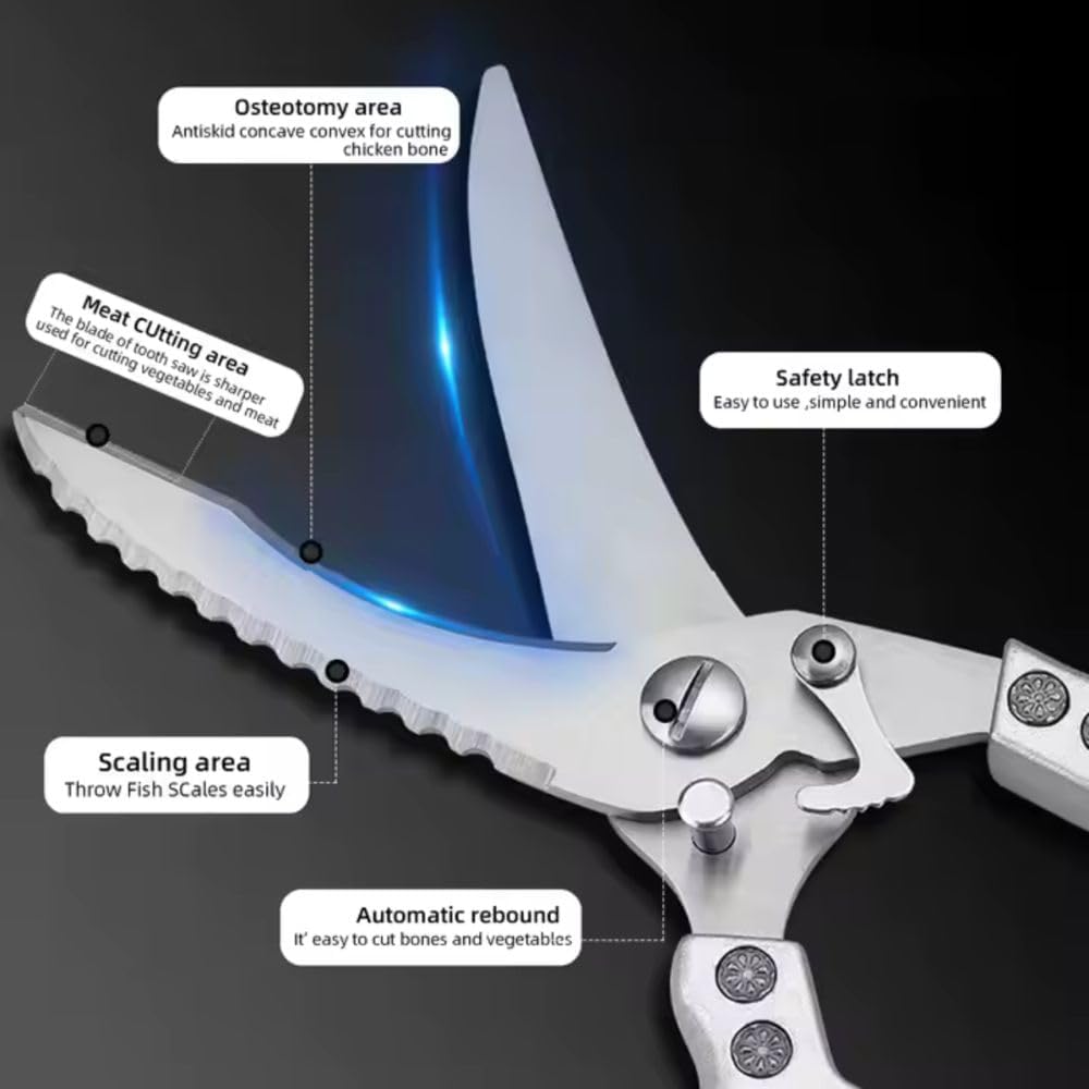 Heavy Duty Poultry Shears Kitchen Scissors Stainless Steel Chicken Scissors for Meat, Bone & Vegetables, Multipurpose Kitchen Shears with Safety Lock, Ergonomic Non-Slip Full Steel Handle