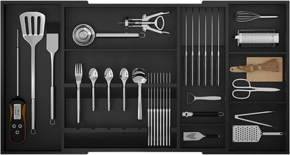 Bamboo Silverware Drawer Organizer, 17.72-29.53 Inch Expandable Large Kitchen Drawer Organizer, 5-8 Slot Flatware with Removable Card Slots & Knife Block for Spoon Butter Knive, Natural