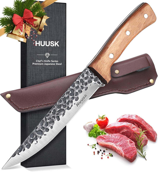 DRGSKL Huusk Knives from Japan, Boning Knife for Meat Cutting 6 inch | Ultra-tough Steel ATS-34, 3-step Honbazuke Method, Ergonomic Oak Handle, Belt-hanging Sheath, Gift Box