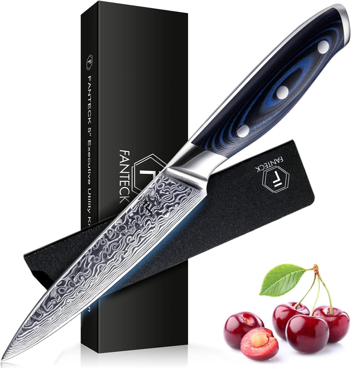 FANTECK 5 Inch Utility Knife, Japanese Damascus VG10 67 Layer Kitchen Fruit Paring Chef Utility Knives -Blue G10 Handle,-Razor Sharp, Stain & Corrosion Resistant, & Awesome Edge Retention