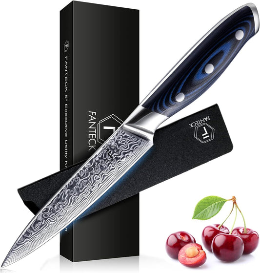 FANTECK 5 Inch Utility Knife, Japanese Damascus VG10 67 Layer Kitchen Fruit Paring Chef Utility Knives -Blue G10 Handle,-Razor Sharp, Stain & Corrosion Resistant, & Awesome Edge Retention