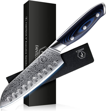 FANTECK 5 Inch Utility Knife, Japanese Damascus VG10 67 Layer Kitchen Fruit Paring Chef Utility Knives -Blue G10 Handle,-Razor Sharp, Stain & Corrosion Resistant, & Awesome Edge Retention