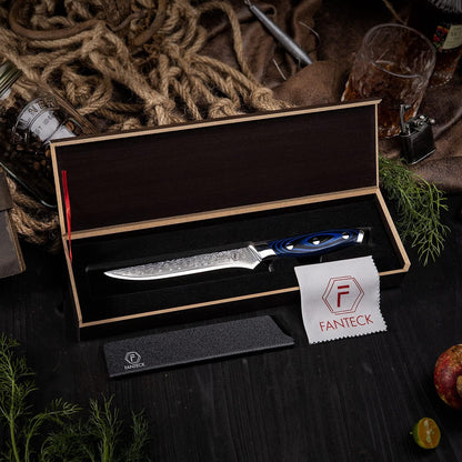 FANTECK 5 Inch Utility Knife, Japanese Damascus VG10 67 Layer Kitchen Fruit Paring Chef Utility Knives -Blue G10 Handle,-Razor Sharp, Stain & Corrosion Resistant, & Awesome Edge Retention