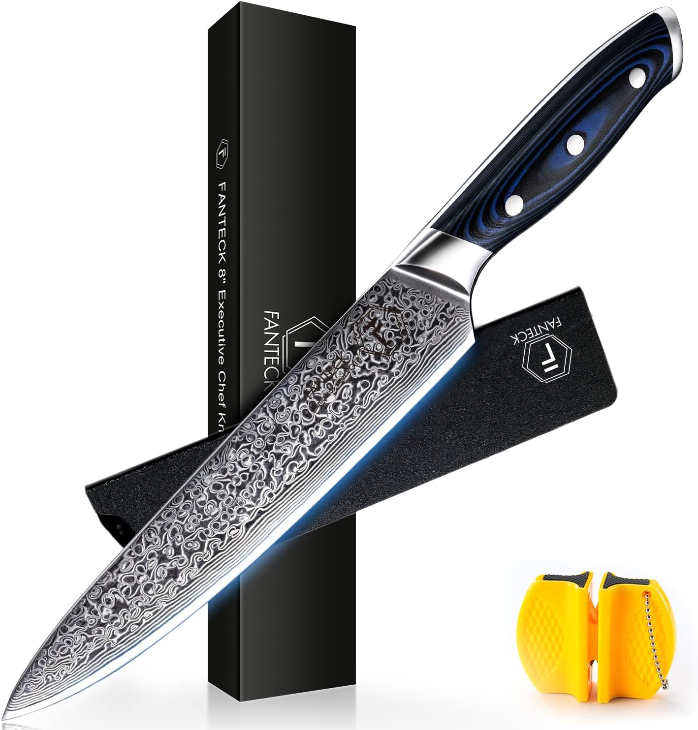 FANTECK 5 Inch Utility Knife, Japanese Damascus VG10 67 Layer Kitchen Fruit Paring Chef Utility Knives -Blue G10 Handle,-Razor Sharp, Stain & Corrosion Resistant, & Awesome Edge Retention
