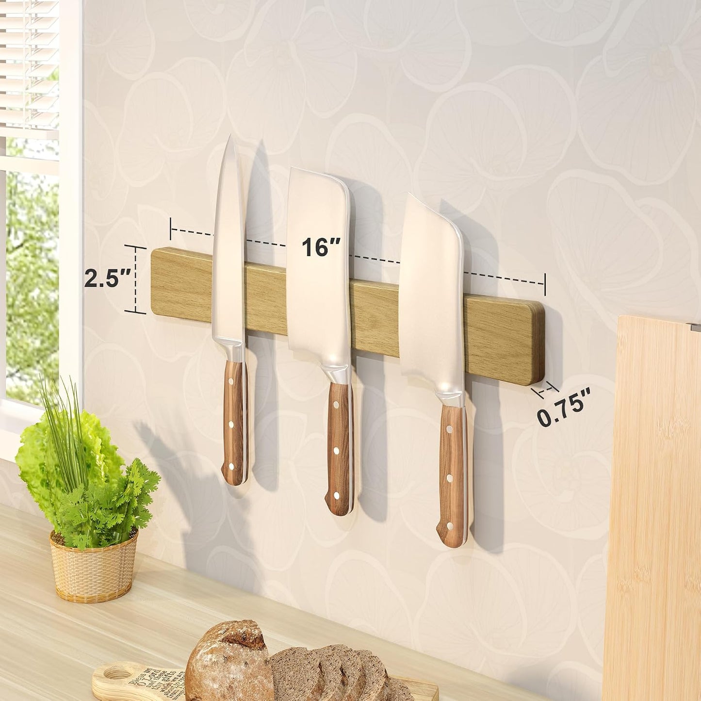 Magnetic Knife Holder for Wall, 16" Acacia Wood No Drill Knife Magnet Strip Use as Tool Key Storage Knife Bar, Powerful Wall Mounted Magnetic Knife Rack for Refrigerator & Kitchen Utensil Organizer