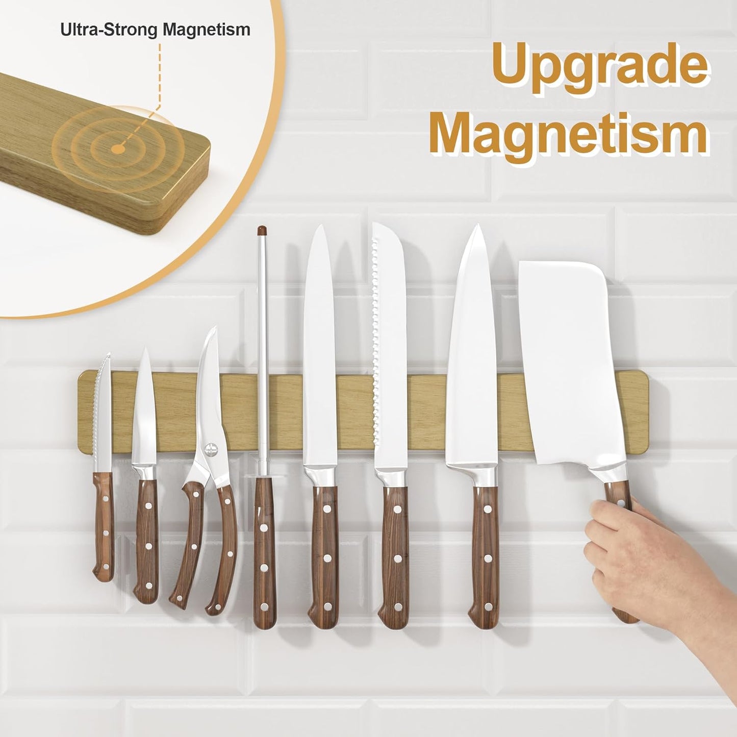 Magnetic Knife Holder for Wall, 16" Acacia Wood No Drill Knife Magnet Strip Use as Tool Key Storage Knife Bar, Powerful Wall Mounted Magnetic Knife Rack for Refrigerator & Kitchen Utensil Organizer