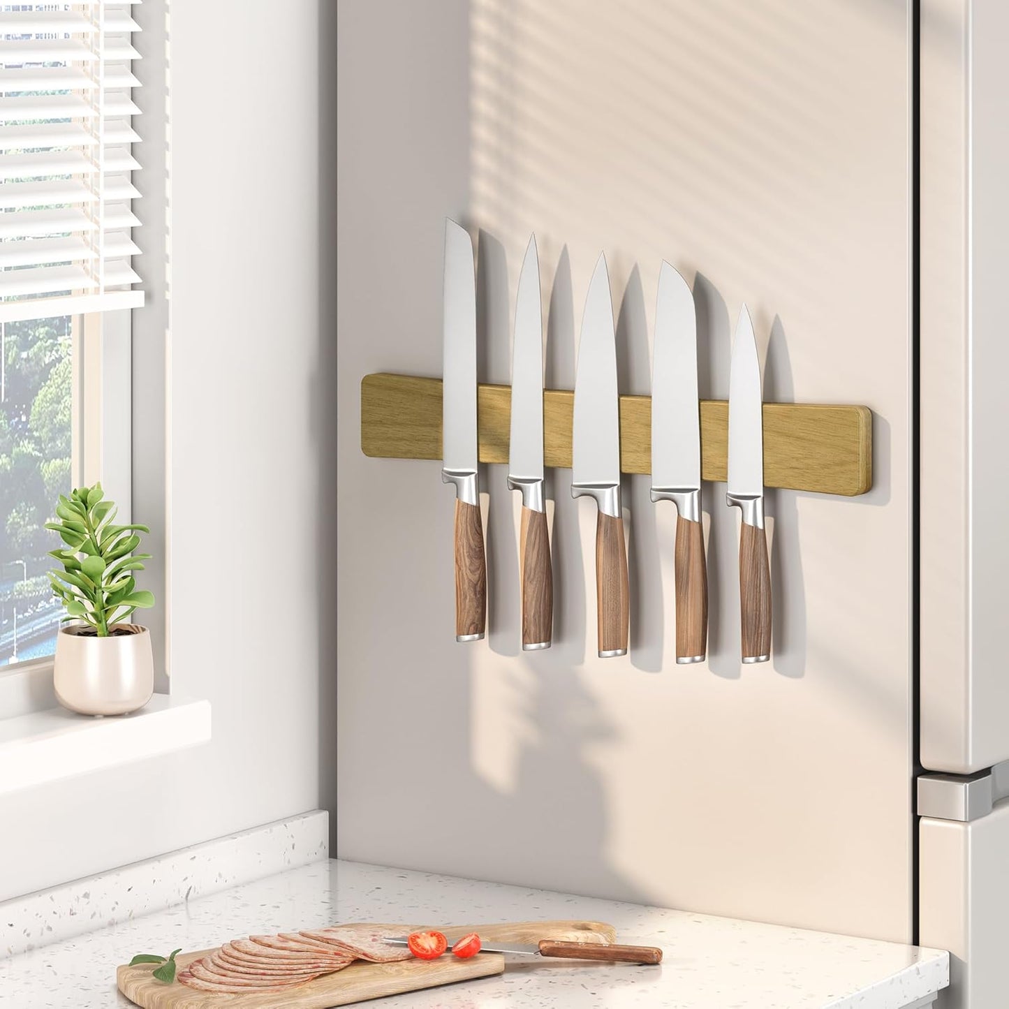 Magnetic Knife Holder for Wall, 16" Acacia Wood No Drill Knife Magnet Strip Use as Tool Key Storage Knife Bar, Powerful Wall Mounted Magnetic Knife Rack for Refrigerator & Kitchen Utensil Organizer
