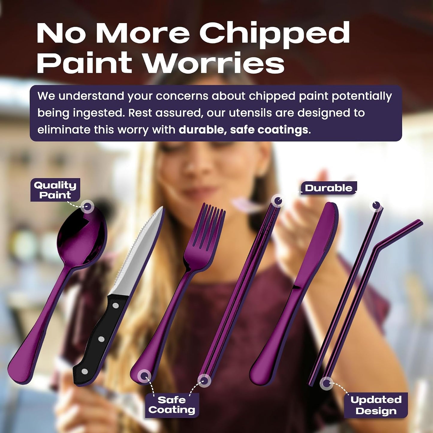 Portable Travel Silverware Set With Case - Includes 10 Pcs of Utensils, Stainless Steel Flatware For Camping, Easy to Travel, Lightweight (Purple)
