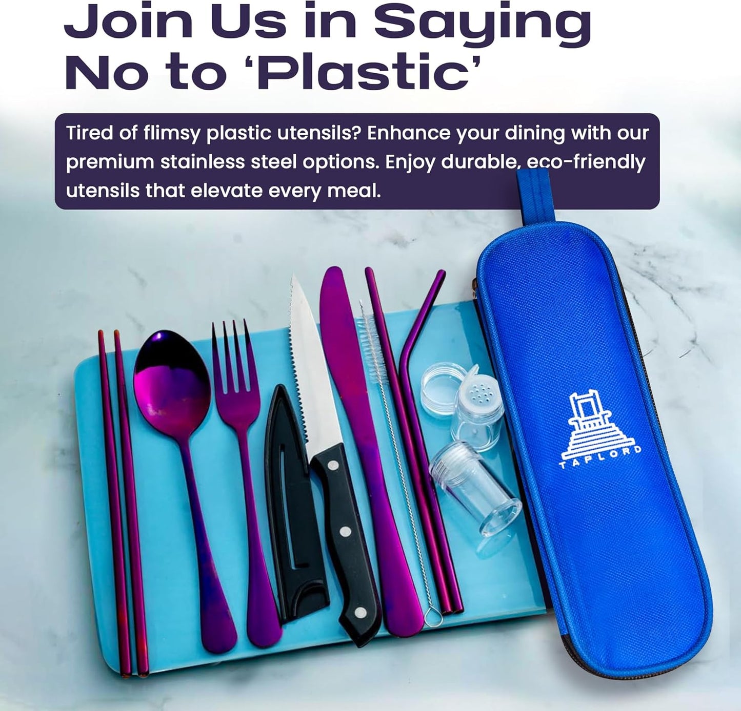 Portable Travel Silverware Set With Case - Includes 10 Pcs of Utensils, Stainless Steel Flatware For Camping, Easy to Travel, Lightweight (Purple)