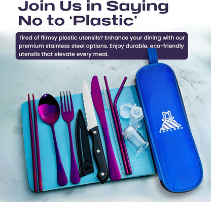 Portable Travel Silverware Set With Case - Includes 10 Pcs of Utensils, Stainless Steel Flatware For Camping, Easy to Travel, Lightweight (Purple)
