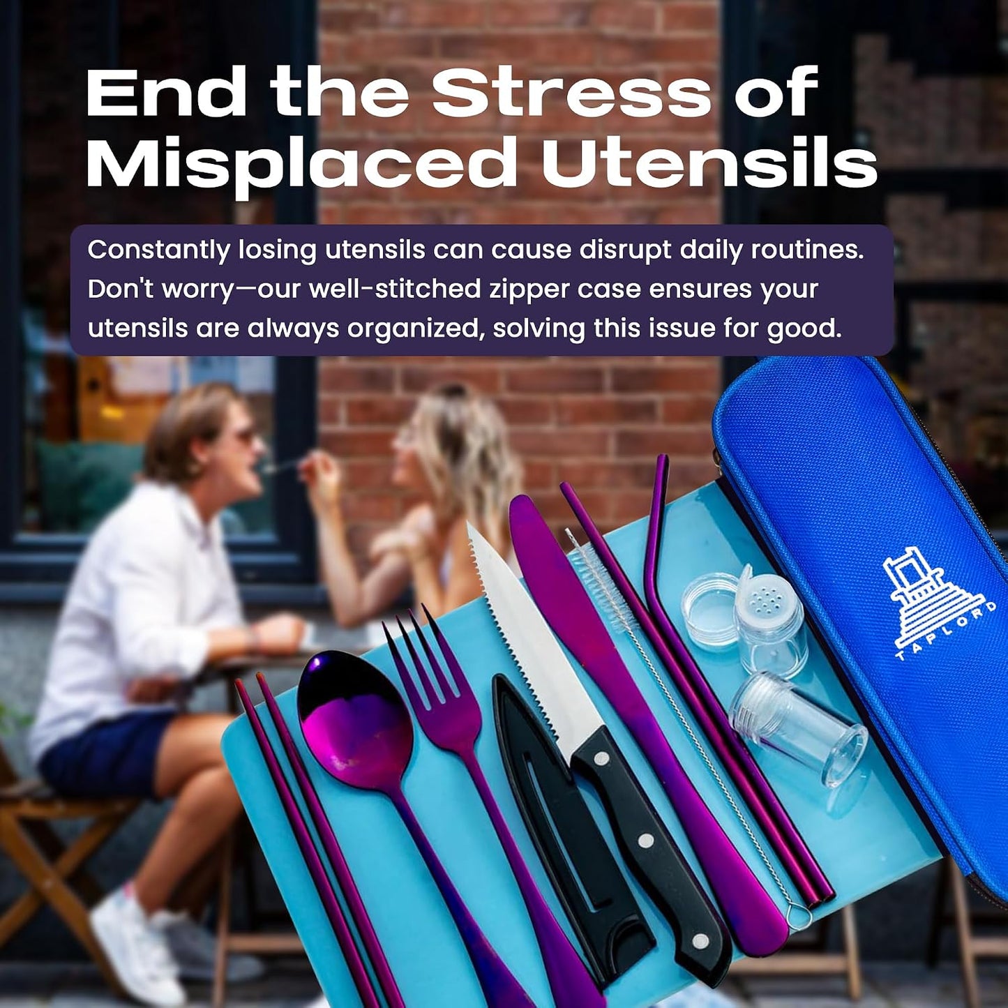 Portable Travel Silverware Set With Case - Includes 10 Pcs of Utensils, Stainless Steel Flatware For Camping, Easy to Travel, Lightweight (Purple)