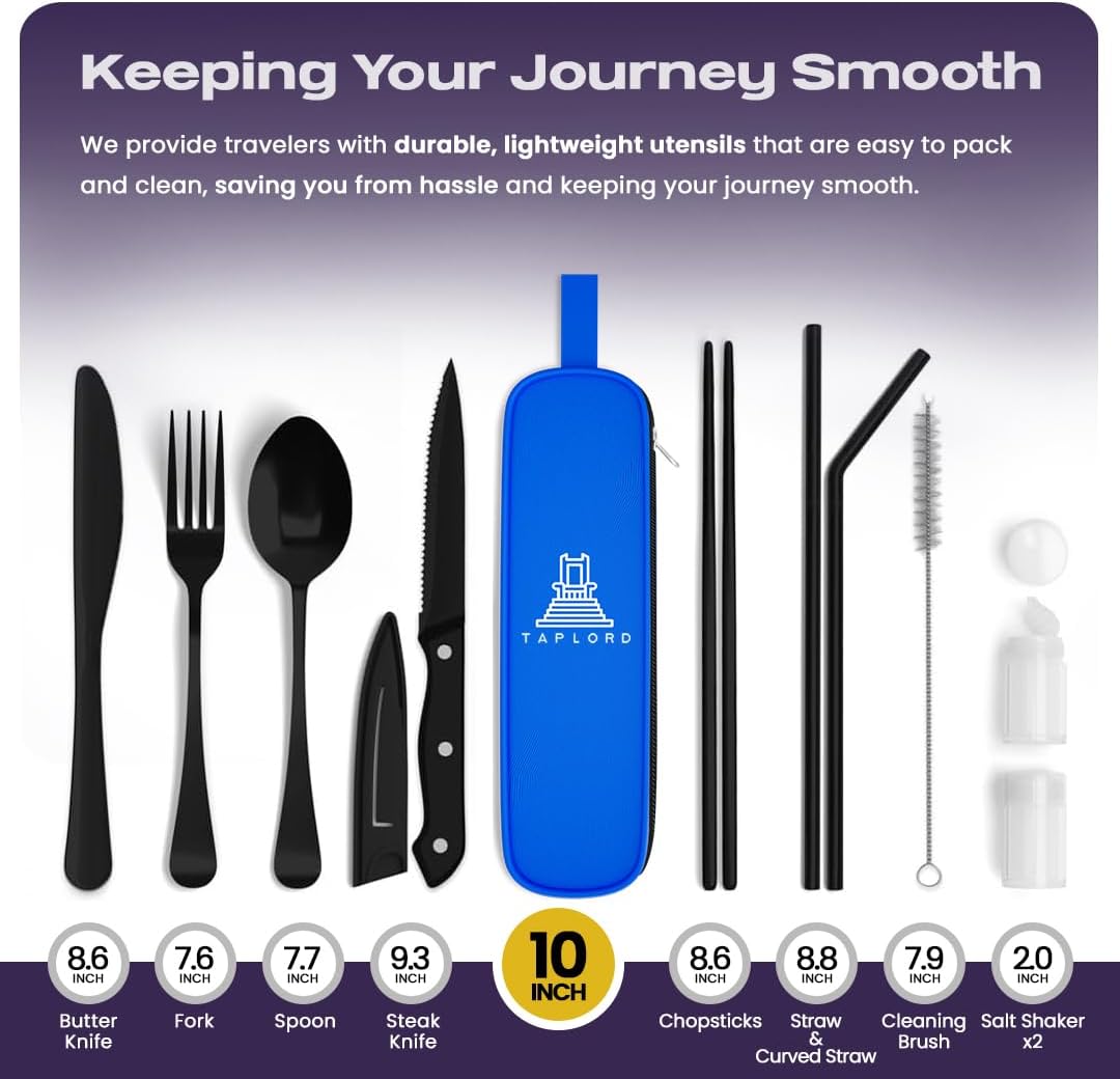 Portable Travel Silverware Set With Case - Includes 10 Pcs of Utensils, Stainless Steel Flatware For Camping, Easy to Travel, Lightweight (Purple)