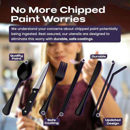 Portable Travel Silverware Set With Case - Includes 10 Pcs of Utensils, Stainless Steel Flatware For Camping, Easy to Travel, Lightweight (Purple)