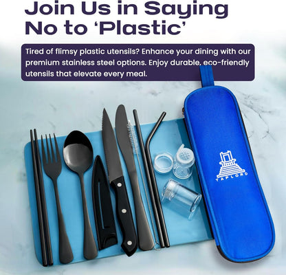 Portable Travel Silverware Set With Case - Includes 10 Pcs of Utensils, Stainless Steel Flatware For Camping, Easy to Travel, Lightweight (Purple)