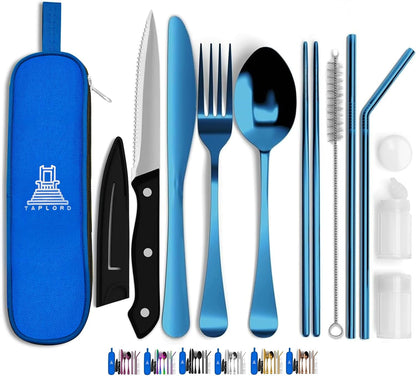 Portable Travel Silverware Set With Case - Includes 10 Pcs of Utensils, Stainless Steel Flatware For Camping, Easy to Travel, Lightweight (Purple)