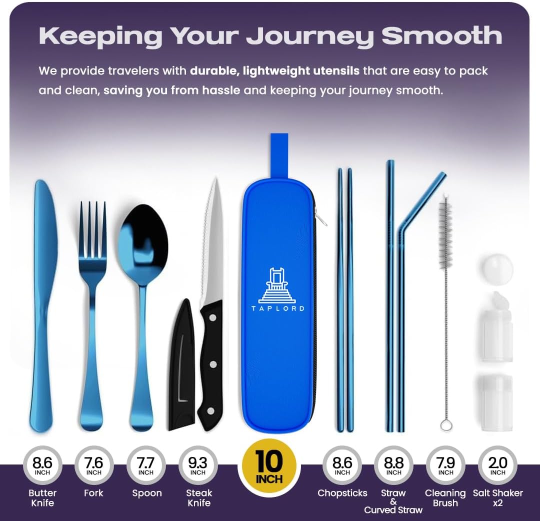 Portable Travel Silverware Set With Case - Includes 10 Pcs of Utensils, Stainless Steel Flatware For Camping, Easy to Travel, Lightweight (Purple)