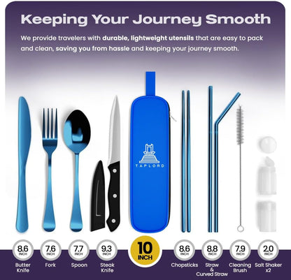 Portable Travel Silverware Set With Case - Includes 10 Pcs of Utensils, Stainless Steel Flatware For Camping, Easy to Travel, Lightweight (Purple)