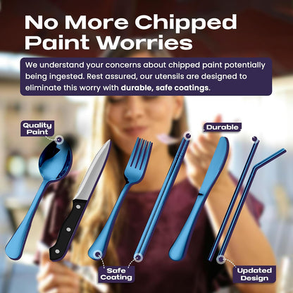 Portable Travel Silverware Set With Case - Includes 10 Pcs of Utensils, Stainless Steel Flatware For Camping, Easy to Travel, Lightweight (Purple)