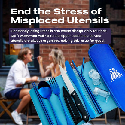 Portable Travel Silverware Set With Case - Includes 10 Pcs of Utensils, Stainless Steel Flatware For Camping, Easy to Travel, Lightweight (Purple)