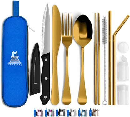 Portable Travel Silverware Set With Case - Includes 10 Pcs of Utensils, Stainless Steel Flatware For Camping, Easy to Travel, Lightweight (Purple)