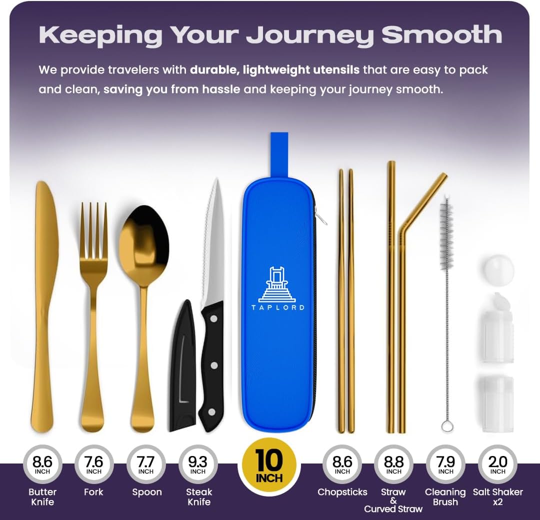 Portable Travel Silverware Set With Case - Includes 10 Pcs of Utensils, Stainless Steel Flatware For Camping, Easy to Travel, Lightweight (Purple)