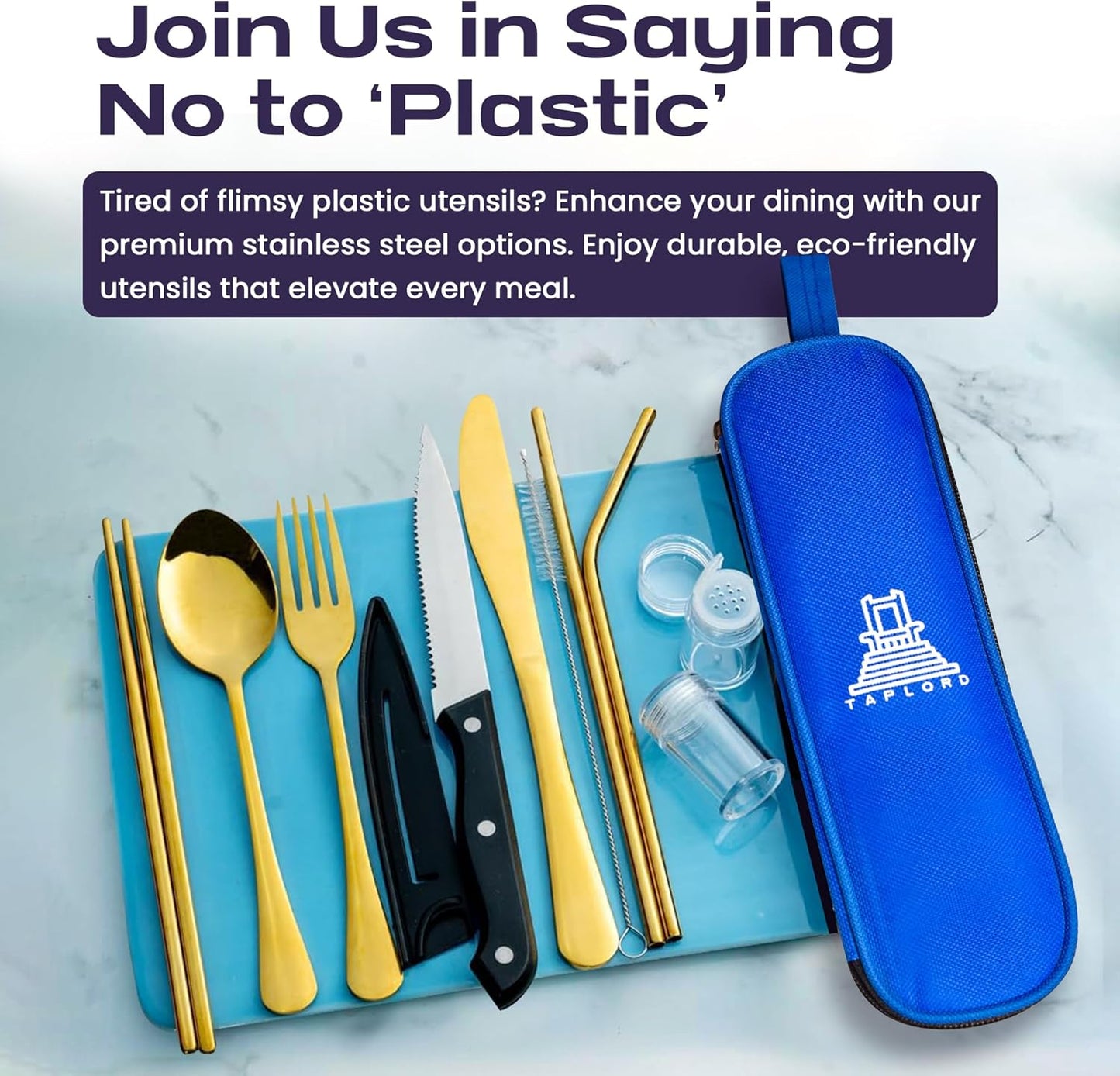 Portable Travel Silverware Set With Case - Includes 10 Pcs of Utensils, Stainless Steel Flatware For Camping, Easy to Travel, Lightweight (Purple)