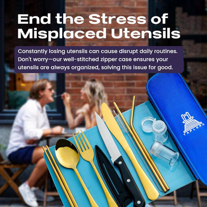 Portable Travel Silverware Set With Case - Includes 10 Pcs of Utensils, Stainless Steel Flatware For Camping, Easy to Travel, Lightweight (Purple)