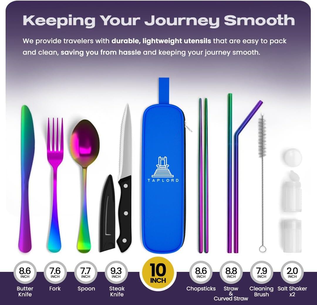 Portable Travel Silverware Set With Case - Includes 10 Pcs of Utensils, Stainless Steel Flatware For Camping, Easy to Travel, Lightweight (Purple)