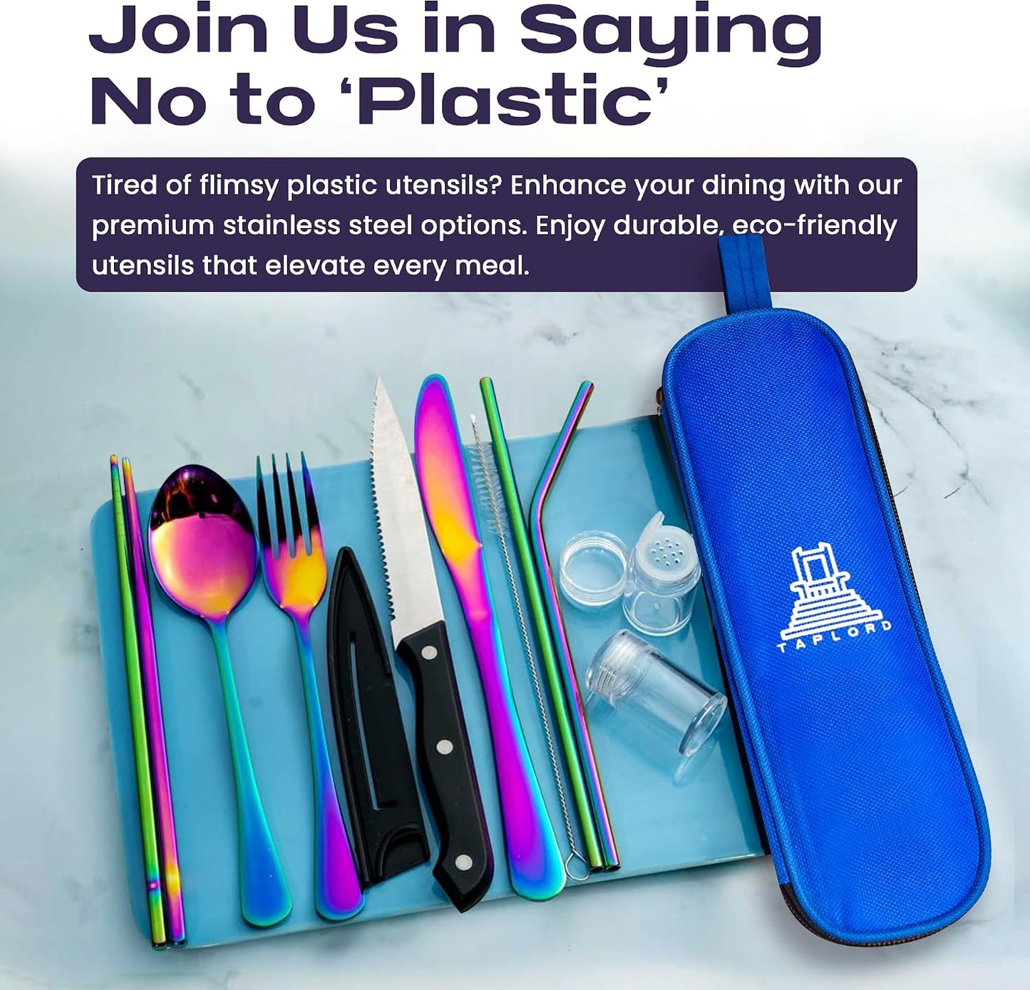 Portable Travel Silverware Set With Case - Includes 10 Pcs of Utensils, Stainless Steel Flatware For Camping, Easy to Travel, Lightweight (Purple)