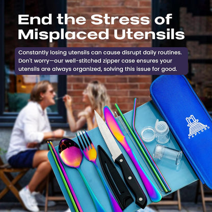 Portable Travel Silverware Set With Case - Includes 10 Pcs of Utensils, Stainless Steel Flatware For Camping, Easy to Travel, Lightweight (Purple)