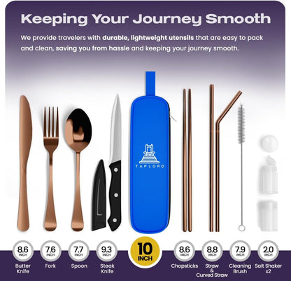 Portable Travel Silverware Set With Case - Includes 10 Pcs of Utensils, Stainless Steel Flatware For Camping, Easy to Travel, Lightweight (Purple)