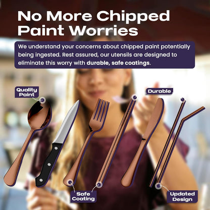 Portable Travel Silverware Set With Case - Includes 10 Pcs of Utensils, Stainless Steel Flatware For Camping, Easy to Travel, Lightweight (Purple)