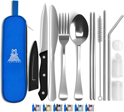 Portable Travel Silverware Set With Case - Includes 10 Pcs of Utensils, Stainless Steel Flatware For Camping, Easy to Travel, Lightweight (Purple)