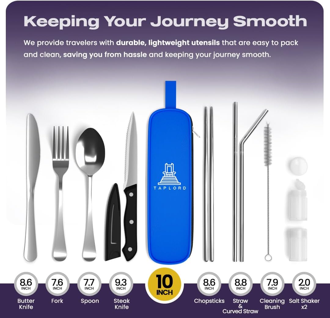 Portable Travel Silverware Set With Case - Includes 10 Pcs of Utensils, Stainless Steel Flatware For Camping, Easy to Travel, Lightweight (Purple)