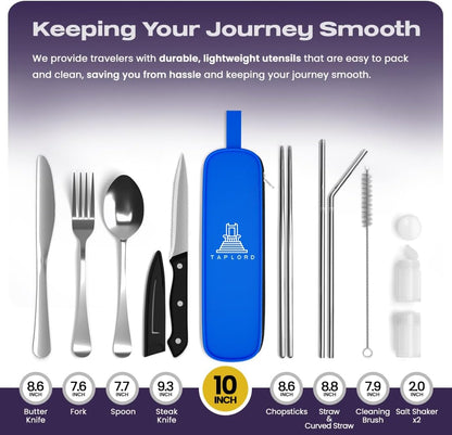 Portable Travel Silverware Set With Case - Includes 10 Pcs of Utensils, Stainless Steel Flatware For Camping, Easy to Travel, Lightweight (Purple)