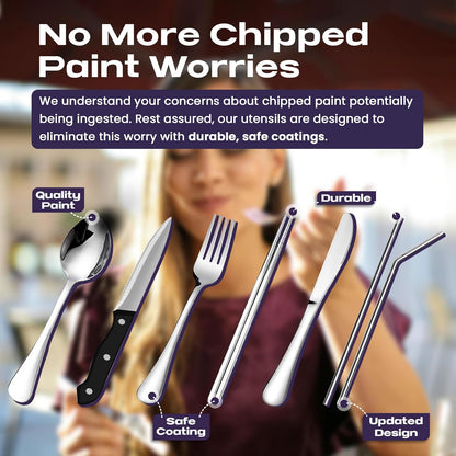Portable Travel Silverware Set With Case - Includes 10 Pcs of Utensils, Stainless Steel Flatware For Camping, Easy to Travel, Lightweight (Purple)