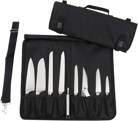 Chef Knife Roll Bag with Carry Handle and Shoulder Strap, Large Capacity Kitchen Knife Storage Bag, Portable Knife Carrying Case with Double Folded Design, Black