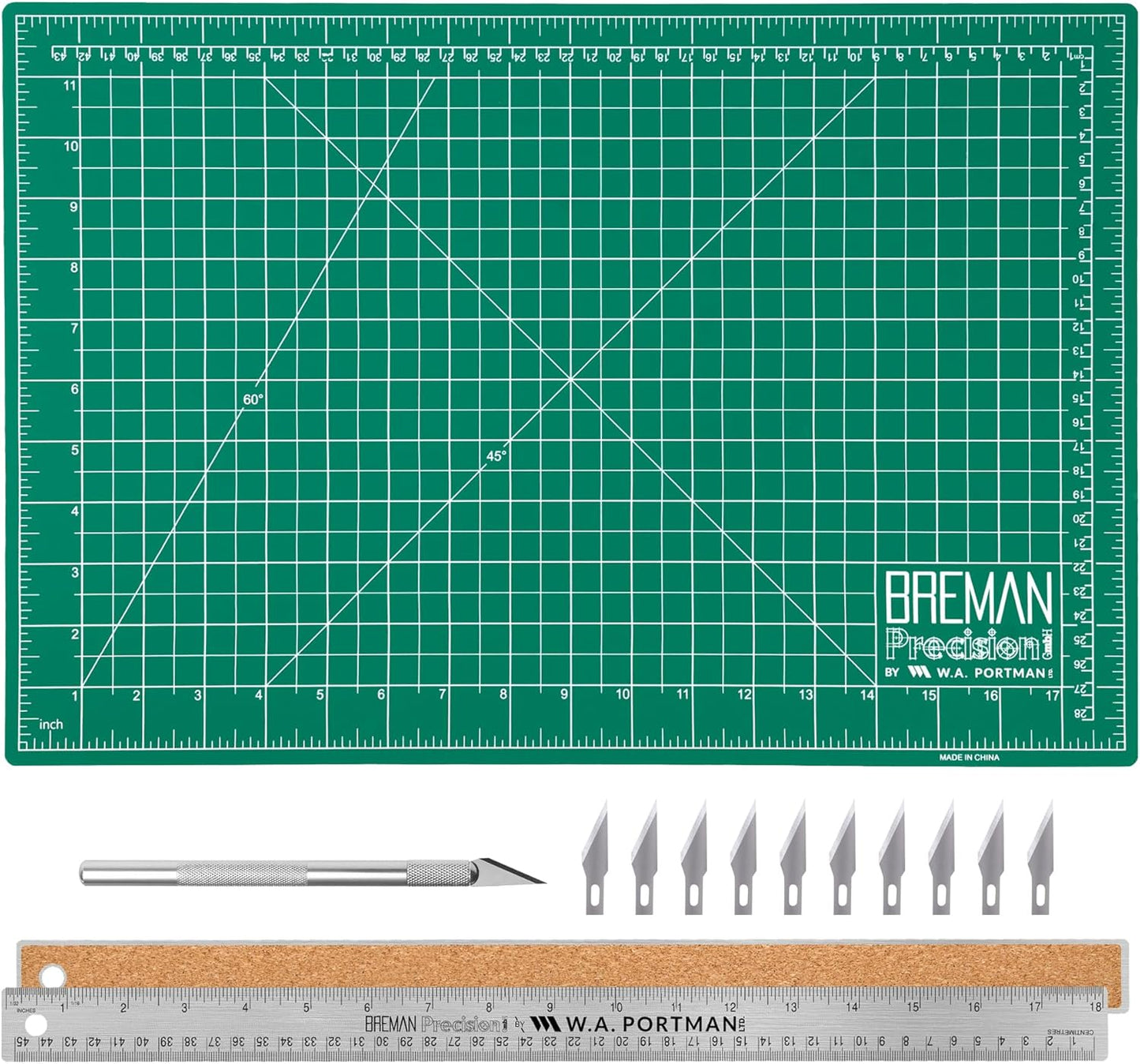 Fabric Cutting Mat with Craft Knife & Straight Edge Craft Ruler | This set includes 12x18 Inch Sewing Cutting Mat, 10pc #11 Blades, Xacto Craft Knife Set, & 18'' Cork Backed Metal Ruler Set