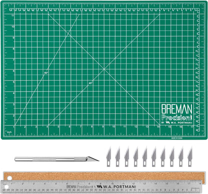 Fabric Cutting Mat with Craft Knife & Straight Edge Craft Ruler | This set includes 12x18 Inch Sewing Cutting Mat, 10pc #11 Blades, Xacto Craft Knife Set, & 18'' Cork Backed Metal Ruler Set