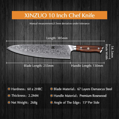 10 Inch Damascus Chef Knife Kitchen Knife Sharp Gyuto Knife Stainless Steel Fashion Professional Chef's Knife with Rosewood Handle