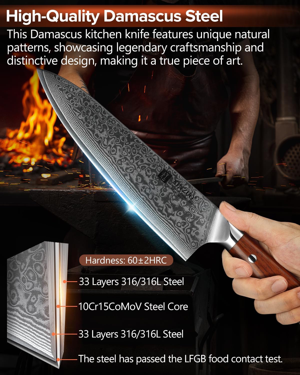 10 Inch Damascus Chef Knife Kitchen Knife Sharp Gyuto Knife Stainless Steel Fashion Professional Chef's Knife with Rosewood Handle