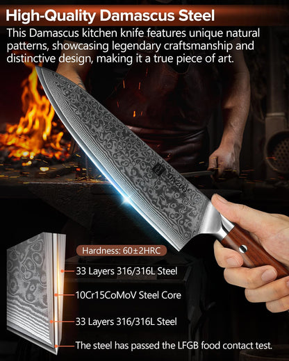 10 Inch Damascus Chef Knife Kitchen Knife Sharp Gyuto Knife Stainless Steel Fashion Professional Chef's Knife with Rosewood Handle