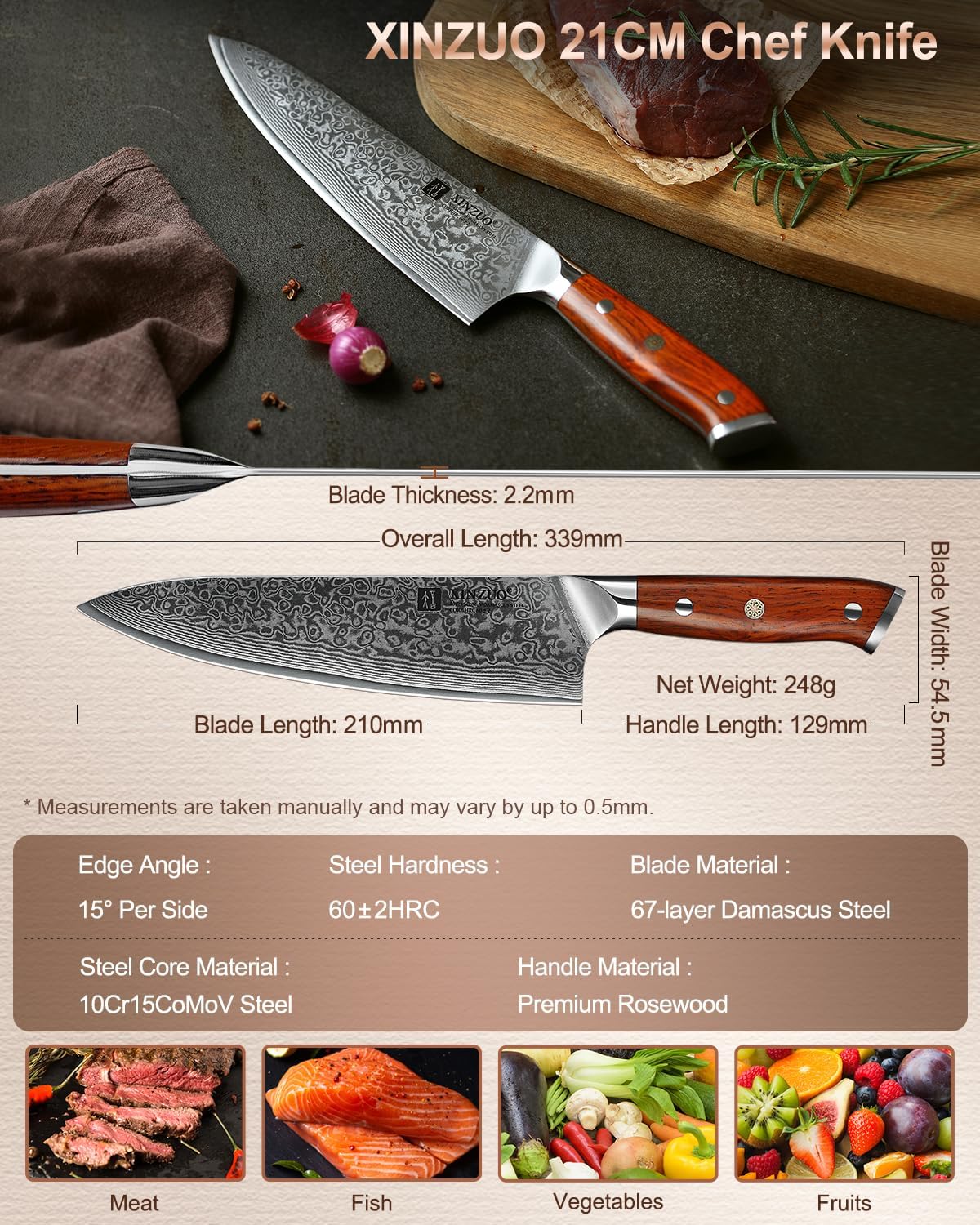 10 Inch Damascus Chef Knife Kitchen Knife Sharp Gyuto Knife Stainless Steel Fashion Professional Chef's Knife with Rosewood Handle